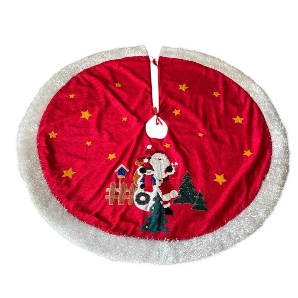 Red Santa Christmas Tree Skirt Stars & White Faux Fur Trim Prima Creations